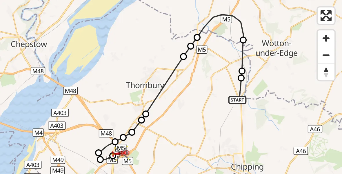 Flight route Air Ambulance Helicopter Wickwar - Almondsbury Helicopter Base, 18 October 2026, 11:52