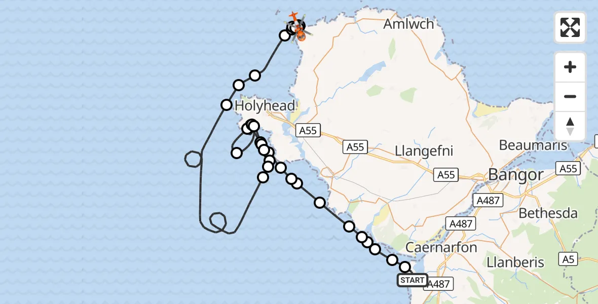 Flight route Coastguard Helicopter Caernarfon Airport - Llanfaethlu, 18 October 2026, 11:56