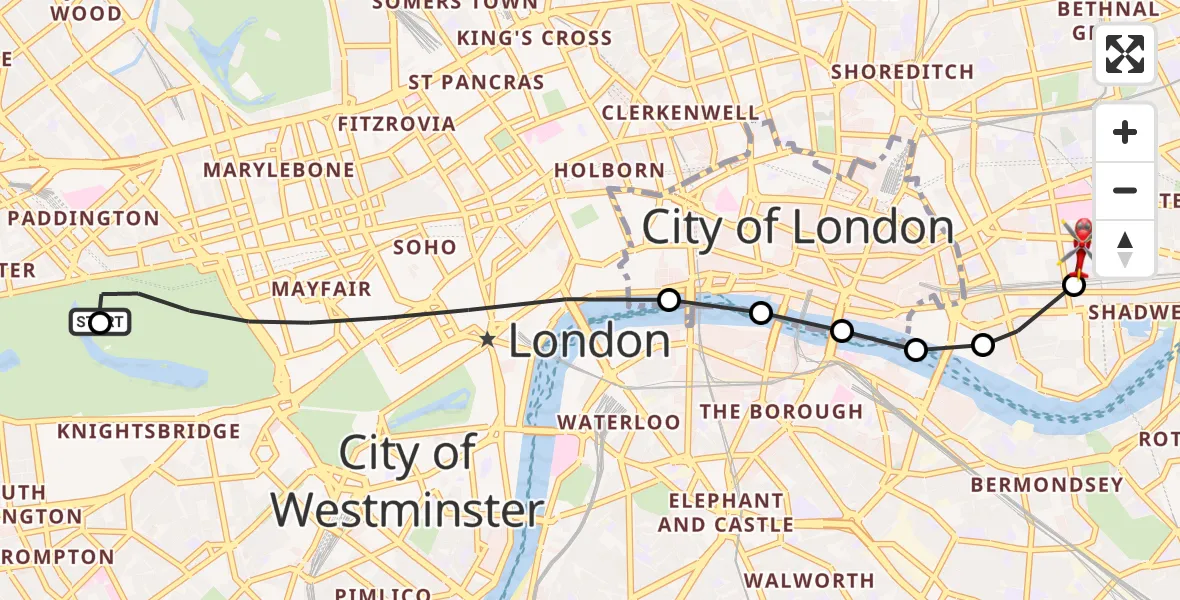 Flight route Air Ambulance Helicopter City of Westminster - Whitechapel, 18 October 2026, 12:03