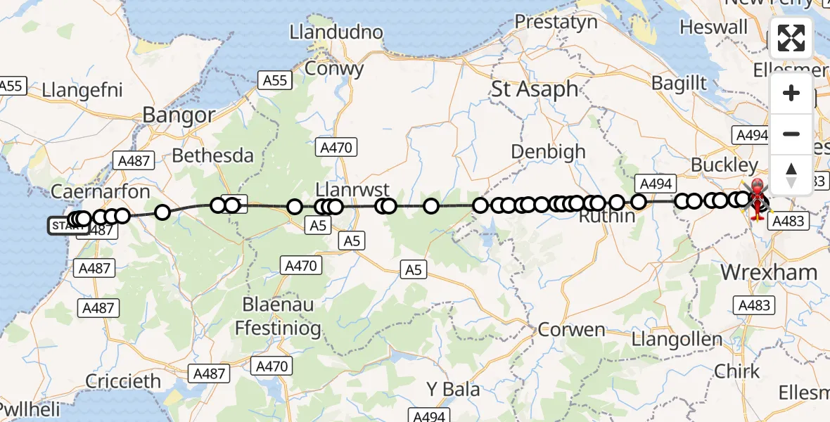 Flight route Air Ambulance Helicopter Caernarfon Airport - Higher Kinnerton, 18 October 2026, 12:04