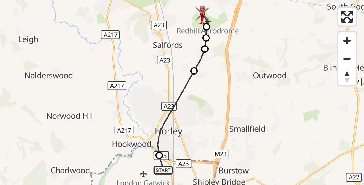 Flight route Air Ambulance Helicopter London Gatwick Airport - Redhill Aerodrome, 18 October 2026, 12:27