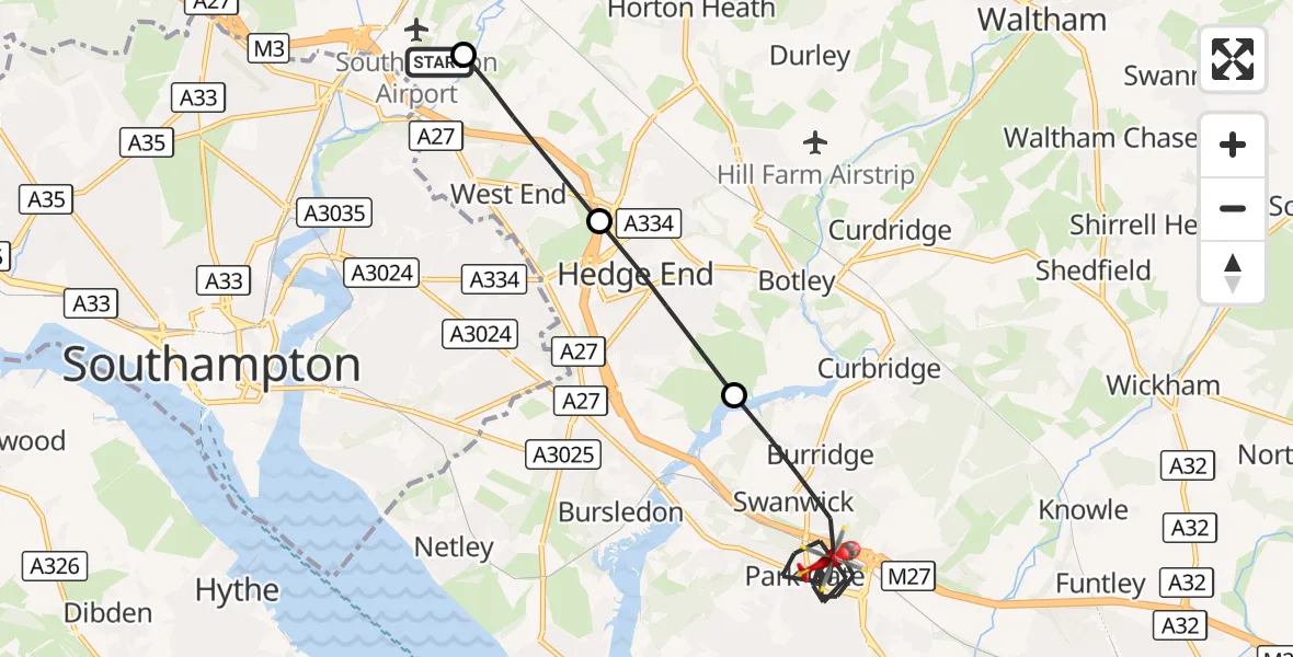 Flight route Air Ambulance Helicopter Southampton Airport - Fareham, 18 October 2026, 12:28