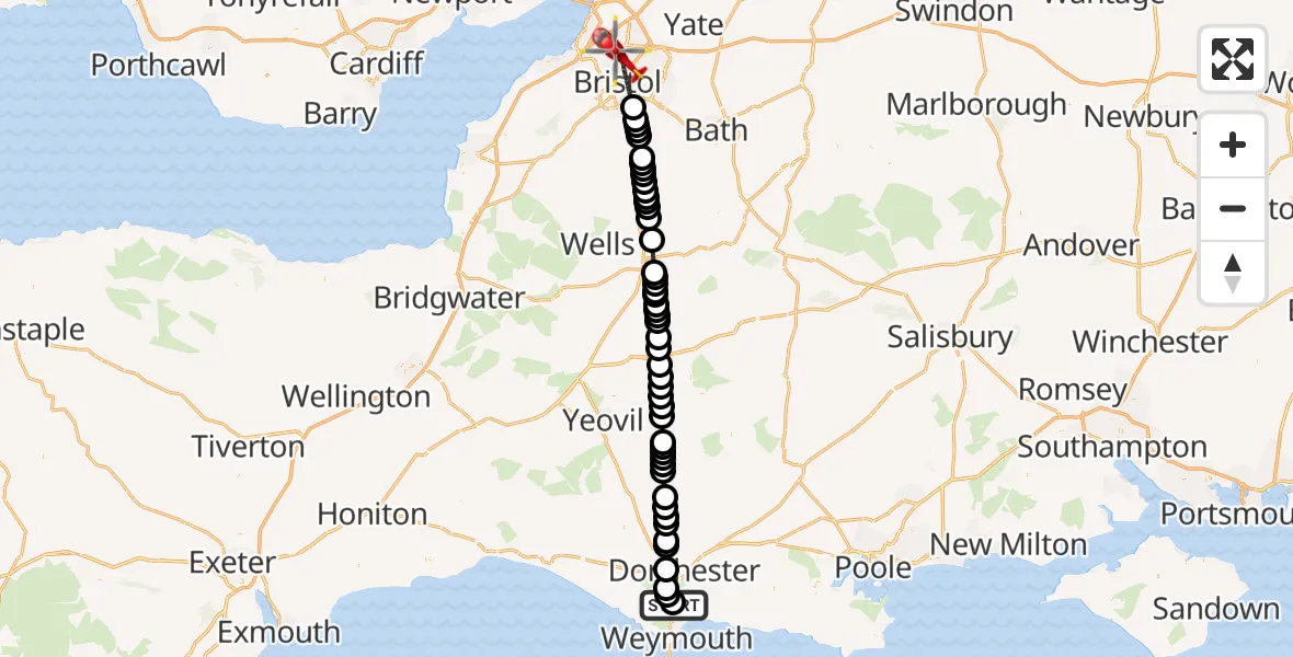 Flight route Air Ambulance Helicopter Upwey - Bristol, 18 October 2026, 12:29