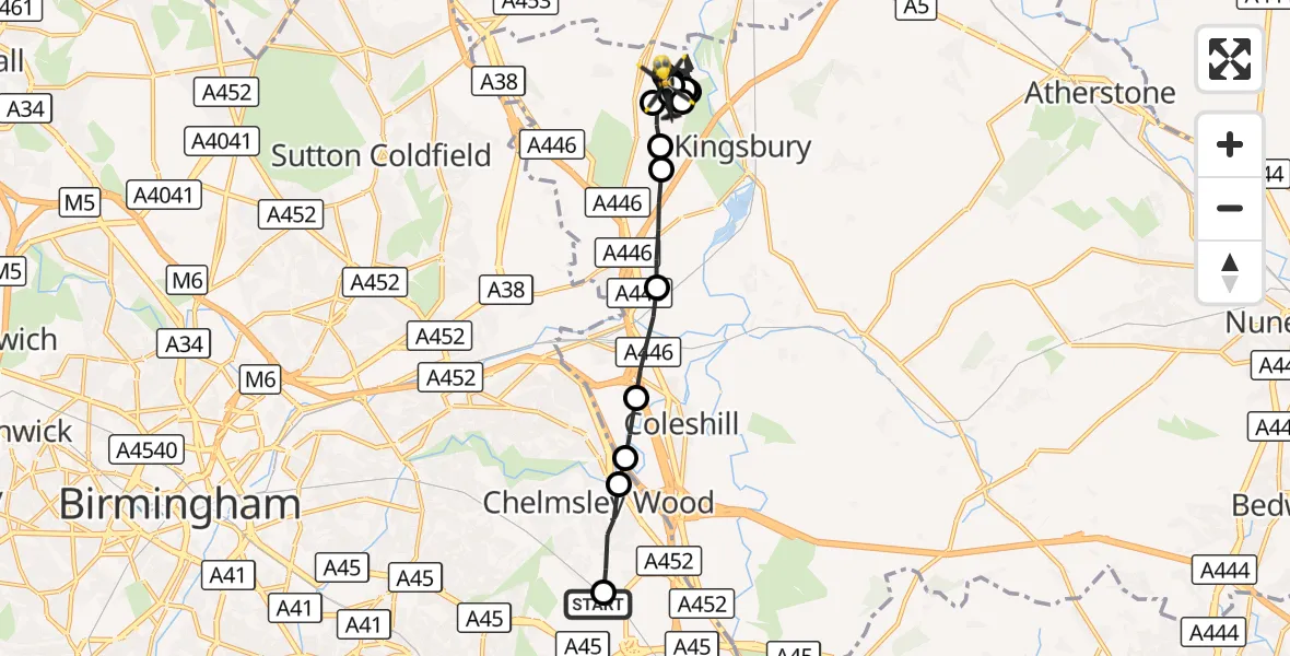 Flight route Police Helicopter Birmingham Airport - Bodymoor Heath, 18 October 2026, 12:40