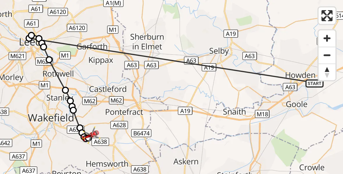 Flight route Air Ambulance Helicopter Balkholme - YAA Nostell Helicopter Port, 18 October 2026, 12:43