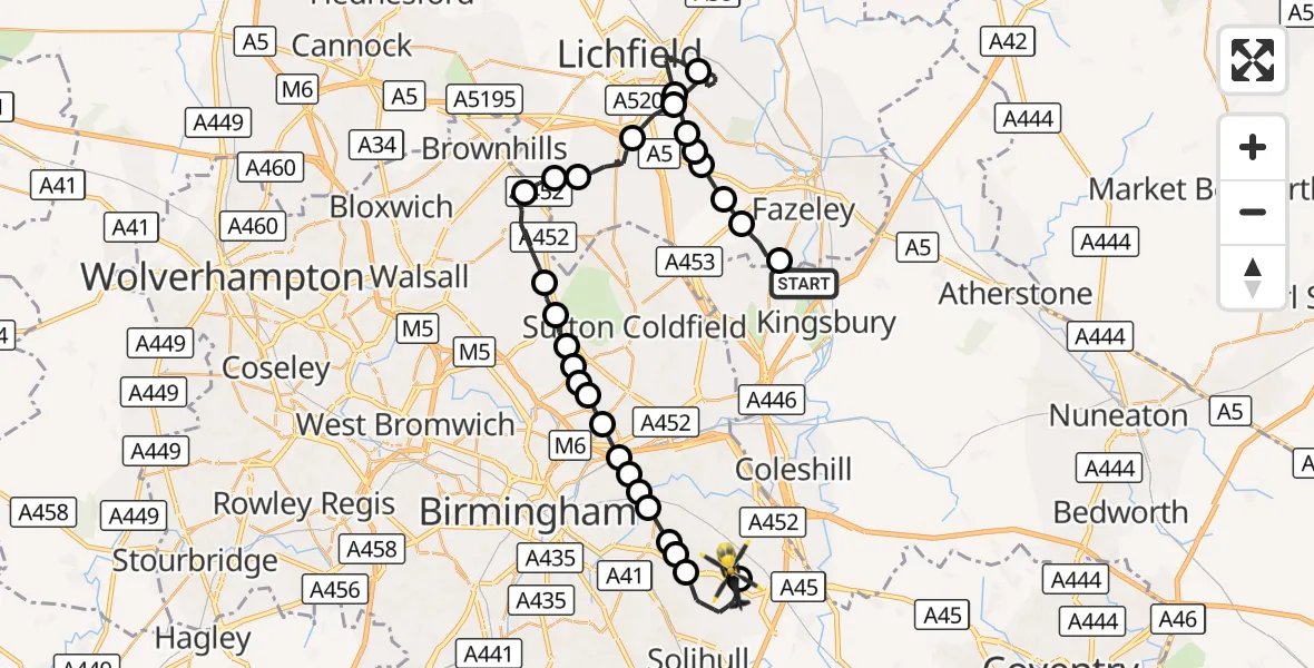 Flight route Police Helicopter Kingsbury - Solihull, 18 October 2026, 12:57