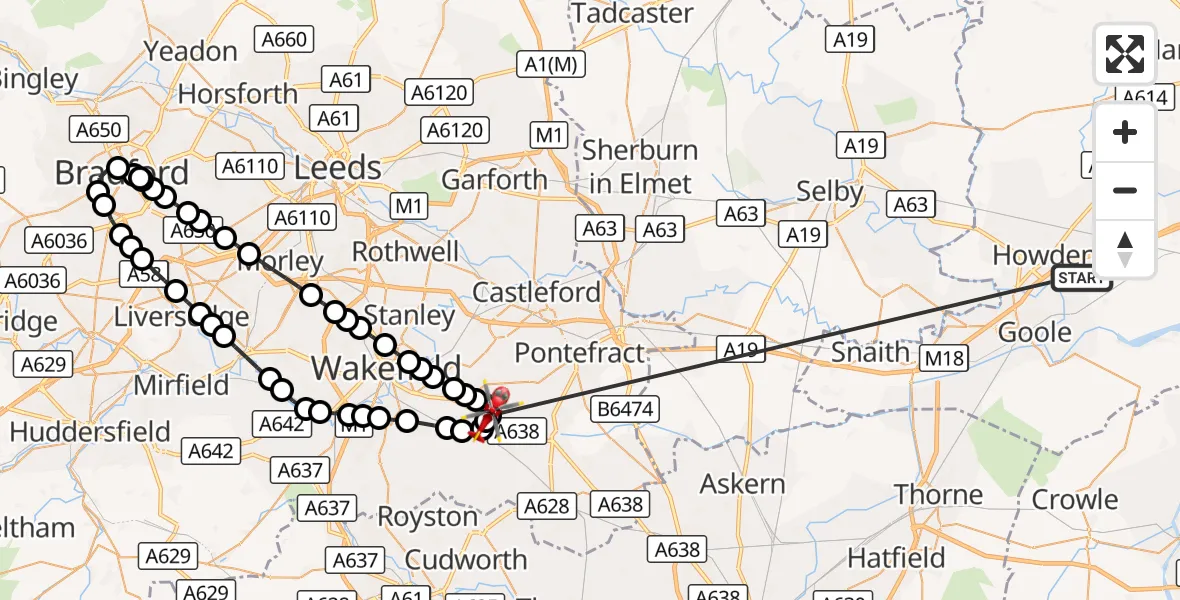 Flight route Air Ambulance Helicopter Balkholme - YAA Nostell Helicopter Port, 18 October 2026, 13:12