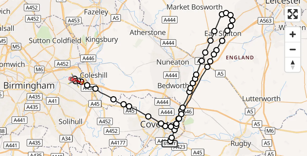 Flight route Air Ambulance Helicopter Coventry Airport - Solihull, 18 October 2026, 13:19
