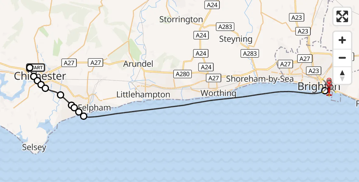 Flight route Air Ambulance Helicopter Chichester - Brighton, 18 October 2026, 13:19