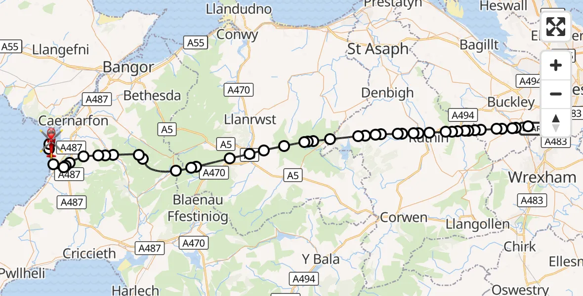Flight route Air Ambulance Helicopter Higher Kinnerton - Caernarfon Airport, 18 October 2026, 13:19