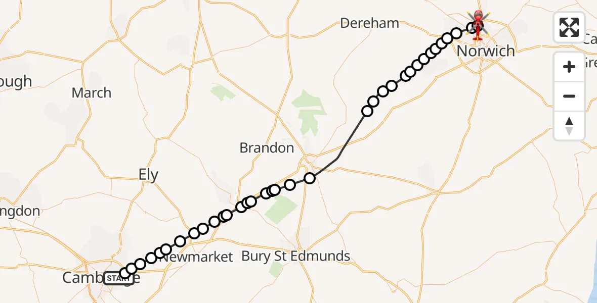 Flight route Air Ambulance Helicopter Cambridge City Airport - Norwich Airport, 18 October 2026, 13:31