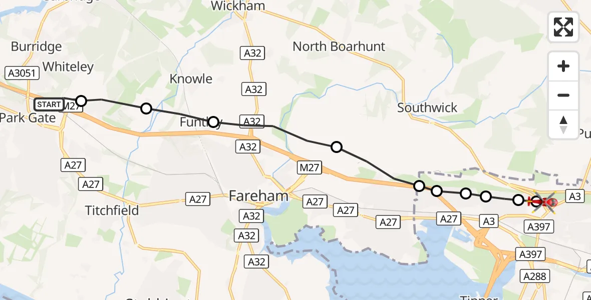 Flight route Air Ambulance Helicopter Fareham - Queen Alexandra Hospital, 18 October 2026, 13:40