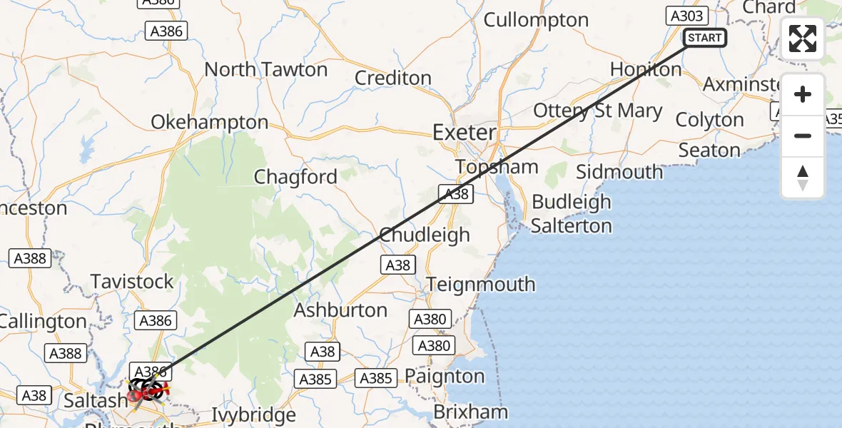 Flight route Air Ambulance Helicopter Stockland - Derriford Hospital, 18 October 2026, 13:41