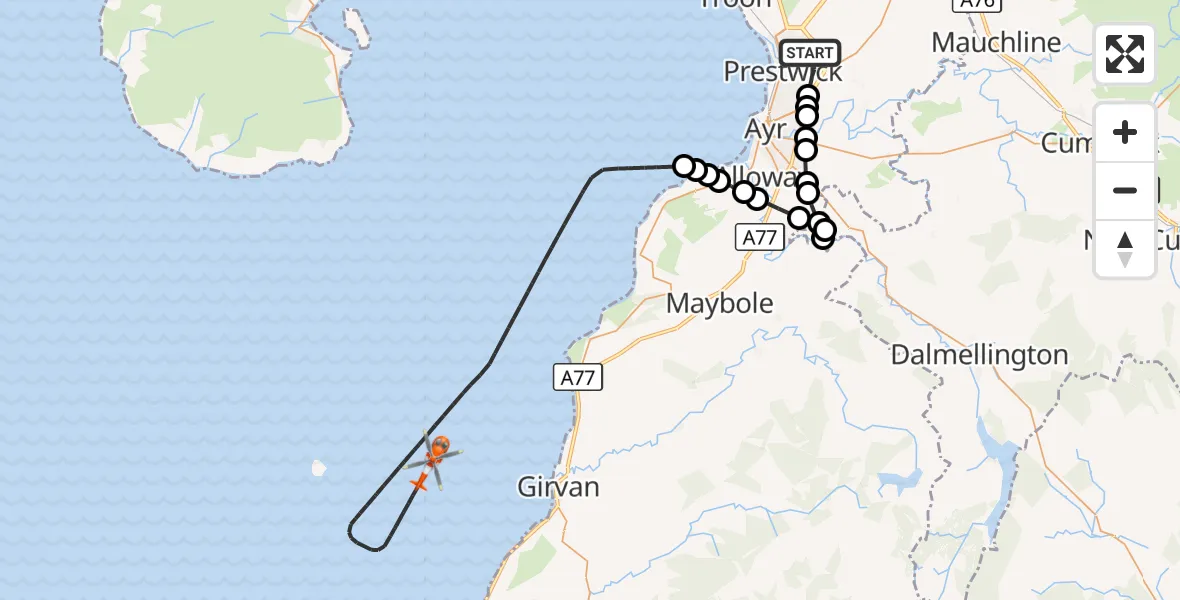Flight route Coastguard Helicopter Glasgow Prestwick Airport - Inner Seas, 18 October 2026, 13:58