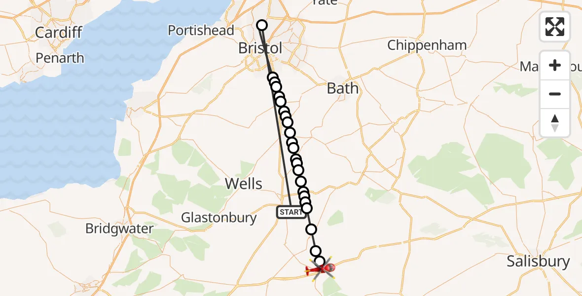 Flight route Air Ambulance Helicopter Stoney Stratton - Wincanton, 18 October 2026, 13:59
