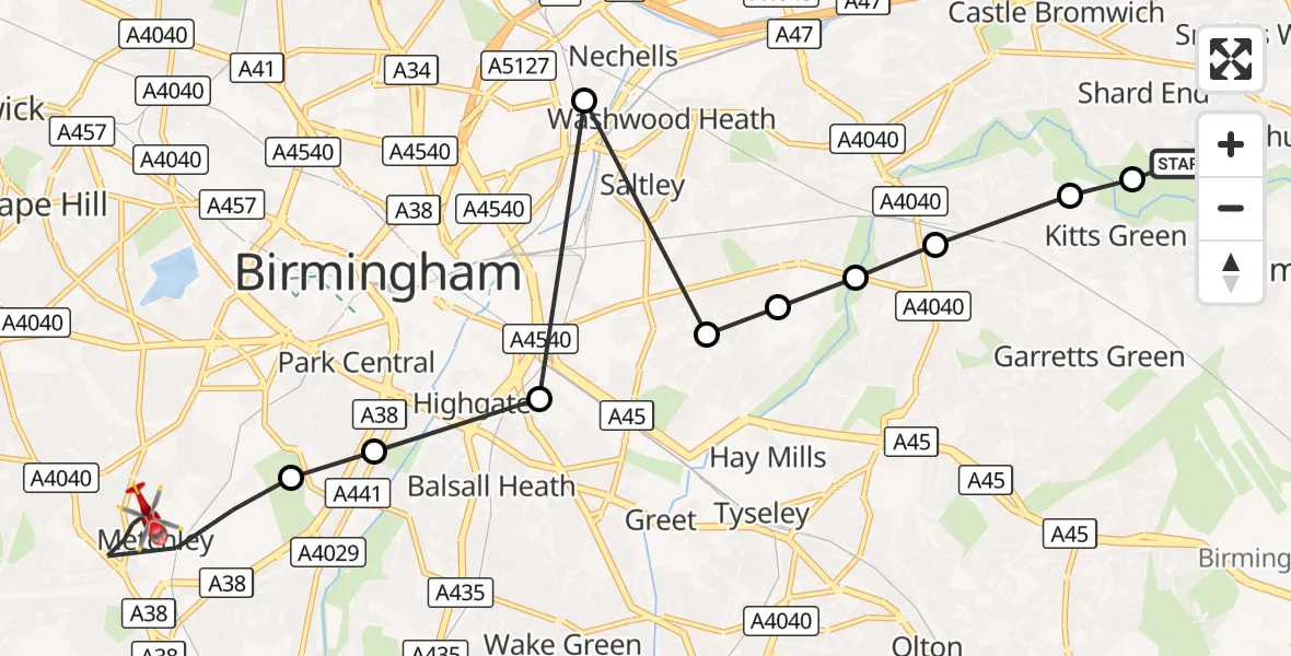 Flight route Air Ambulance Helicopter Shard End - Metchley, 18 October 2026, 14:18