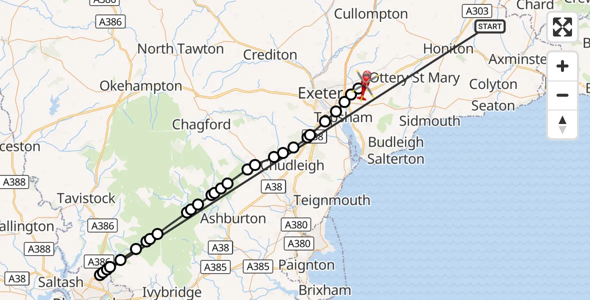 Flight route Air Ambulance Helicopter Stockland - Exeter International Airport, 18 October 2026, 14:23