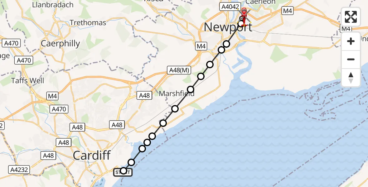Flight route Air Ambulance Helicopter Cardiff Heliport - Victoria, 18 October 2026, 14:27