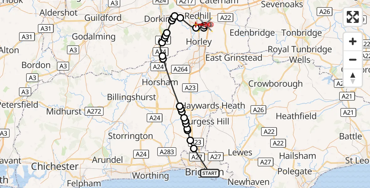 Flight route Air Ambulance Helicopter Brighton - Redhill Aerodrome, 18 October 2026, 14:27