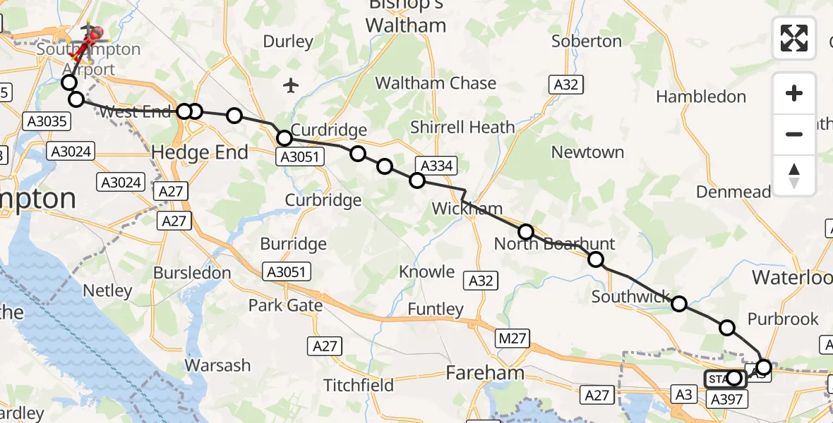 Flight route Air Ambulance Helicopter Queen Alexandra Hospital - Southampton Airport, 18 October 2026, 14:34