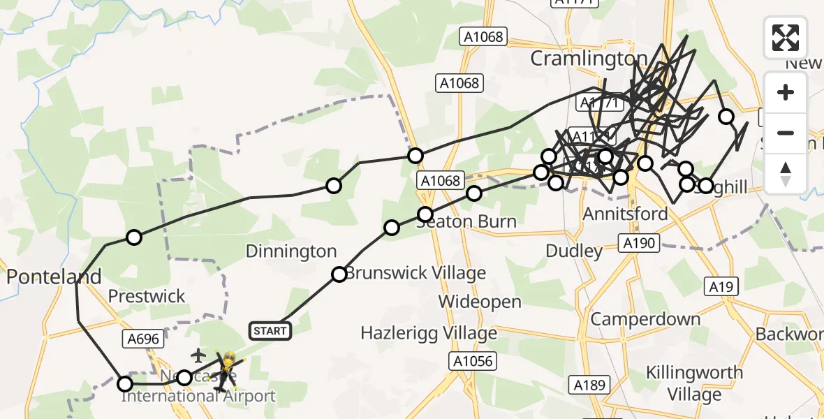 Flight route Police Helicopter Newcastle International Airport - Newcastle International Airport, 18 October 2026, 14:43