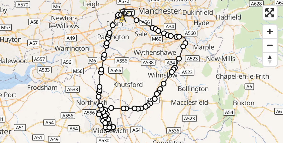 Flight route Police Helicopter Worsley - Manchester Barton Aerodrome, 18 October 2026, 15:06