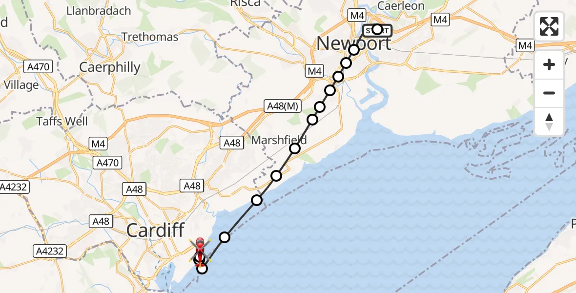 Flight route Air Ambulance Helicopter Summerhill - Cardiff Heliport, 18 October 2026, 15:10