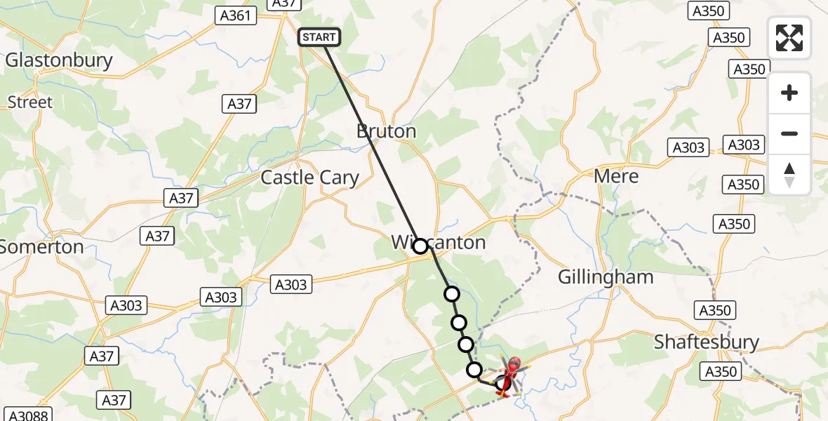 Flight route Air Ambulance Helicopter Stoney Stratton - Henstridge Airfield, 18 October 2026, 15:12