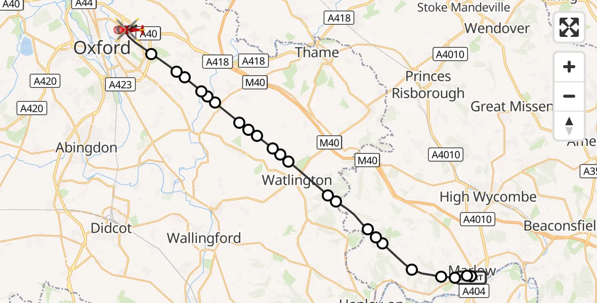 Flight route Air Ambulance Helicopter Marlow - Oxford, 18 October 2026, 15:20