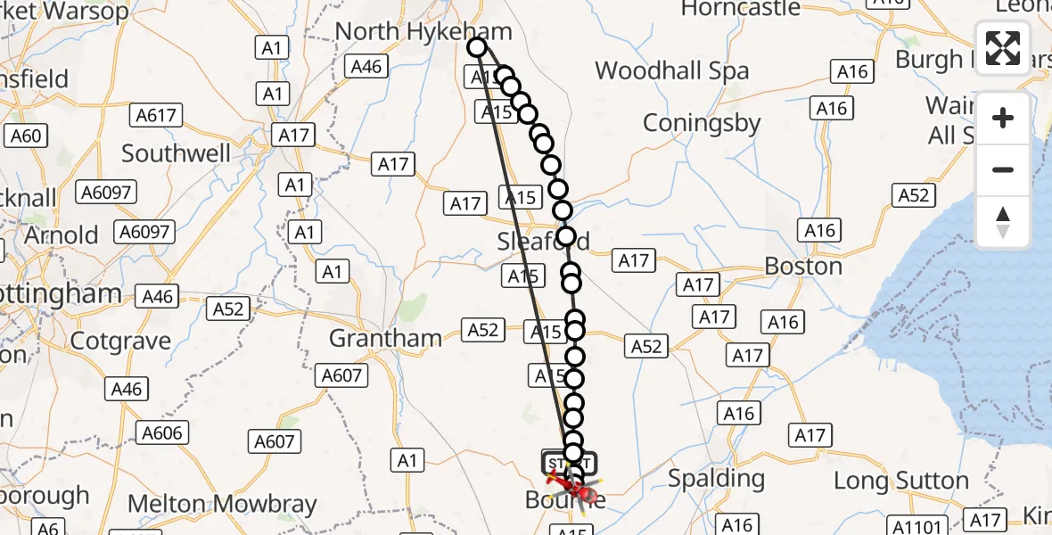 Flight route Air Ambulance Helicopter Morton - Bourne, 18 October 2026, 15:27