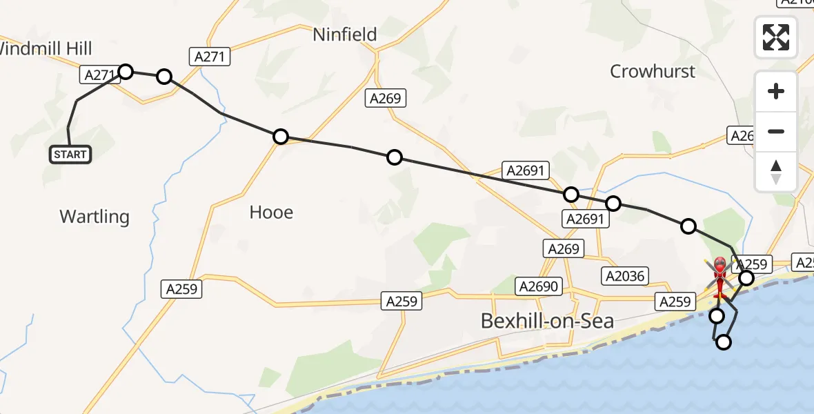 Flight route Air Ambulance Helicopter Wartling - Hastings, 18 October 2026, 15:34