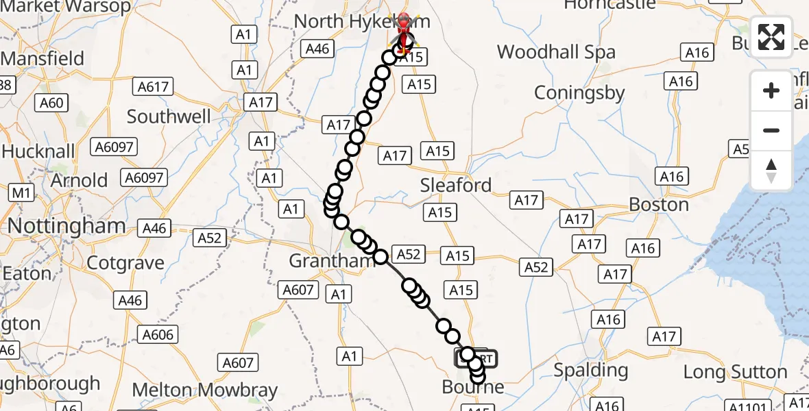 Flight route Air Ambulance Helicopter Morton - North Kesteven, 18 October 2026, 15:55