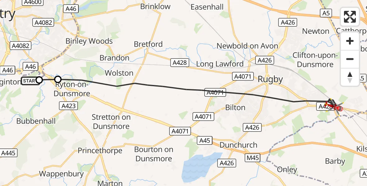 Flight route Air Ambulance Helicopter Coventry Airport - Rugby, 18 October 2026, 16:06