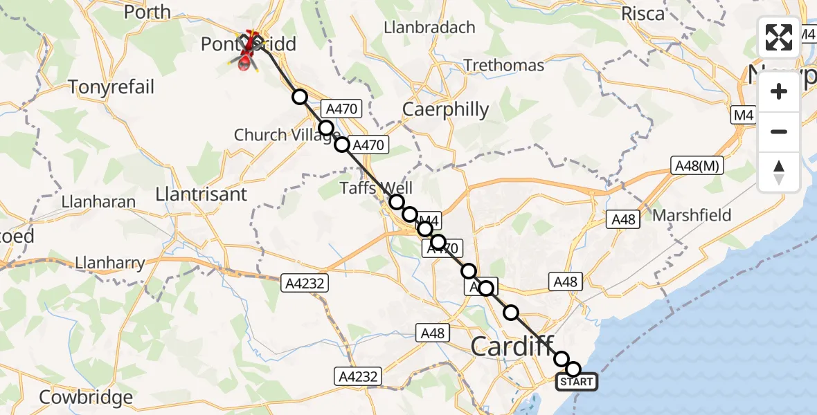 Flight route Air Ambulance Helicopter Cardiff Heliport - Pontypridd, 18 October 2026, 16:13