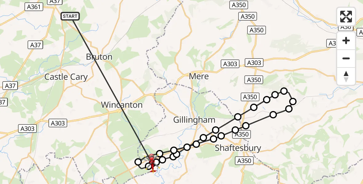 Flight route Air Ambulance Helicopter Stoney Stratton - Henstridge Airfield, 18 October 2026, 16:20