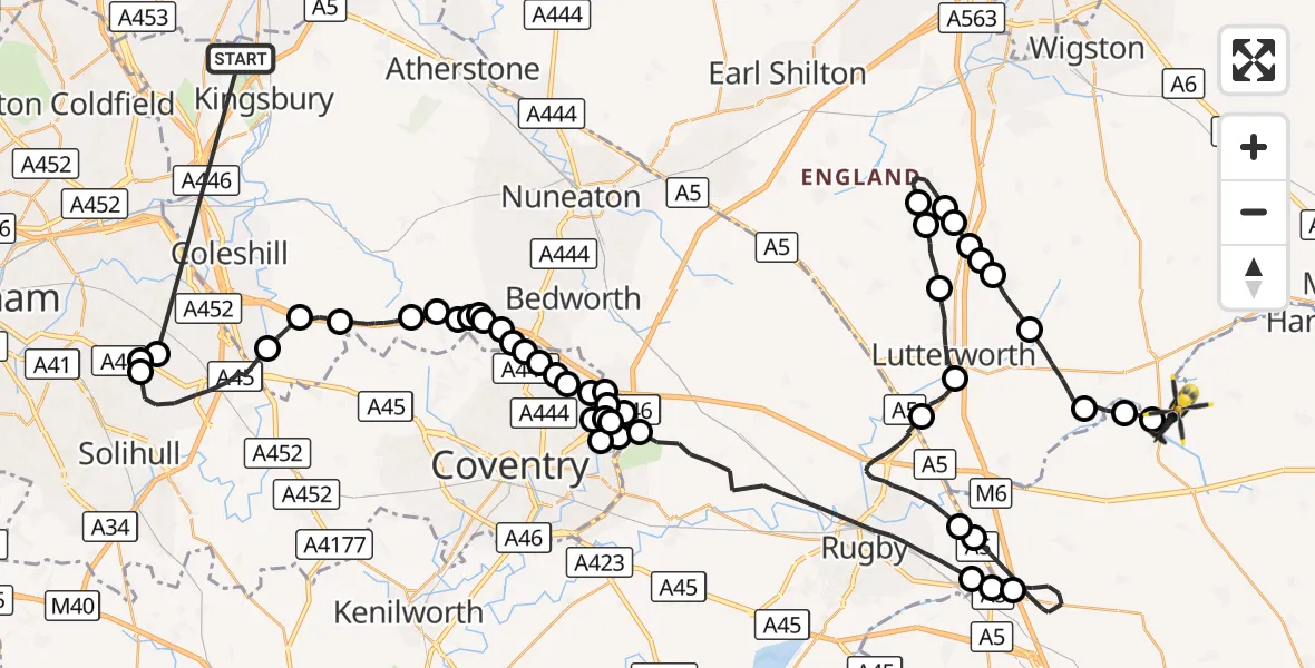 Flight route Police Helicopter Kingsbury - Harborough, 18 October 2026, 16:27