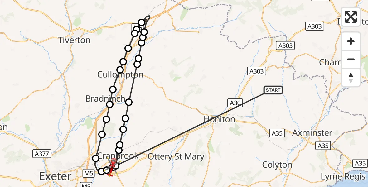 Flight route Air Ambulance Helicopter Stockland - Exeter International Airport, 18 October 2026, 16:33