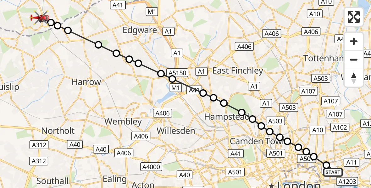 Flight route Air Ambulance Helicopter Royal London Hospital - South Oxhey, 18 October 2026, 16:34