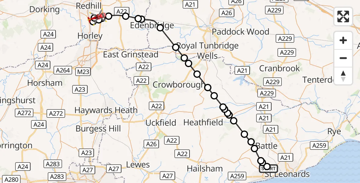 Flight route Air Ambulance Helicopter Bexhill-on-Sea - Redhill Aerodrome, 18 October 2026, 16:38
