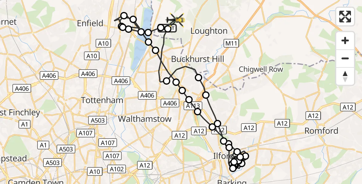Flight route Police Helicopter Chingford - Metropolitan Police Air Support Unit Lippitts Hill, 18 October 2026, 16:41