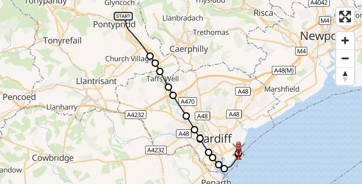 Flight route Air Ambulance Helicopter Pontypridd - Cardiff Heliport, 18 October 2026, 16:43