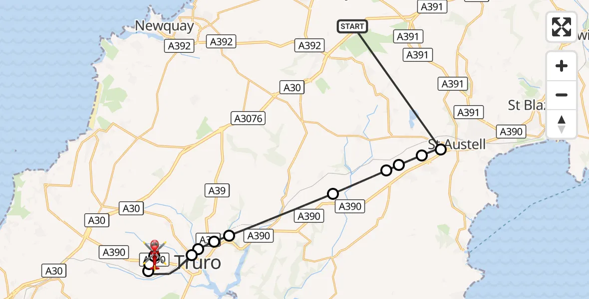 Flight route Air Ambulance Helicopter St. Columb Major - Treliske Hospital, 18 October 2026, 16:44