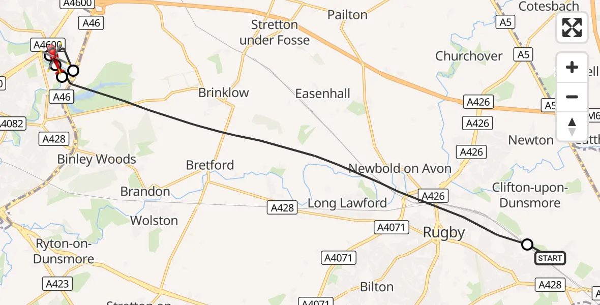 Flight route Air Ambulance Helicopter Rugby - University Hospital Coventry, 18 October 2026, 16:49