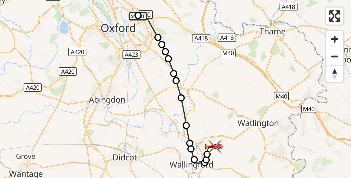 Flight route Air Ambulance Helicopter John Radcliffe Hospital - RAF Benson, 18 October 2026, 16:53