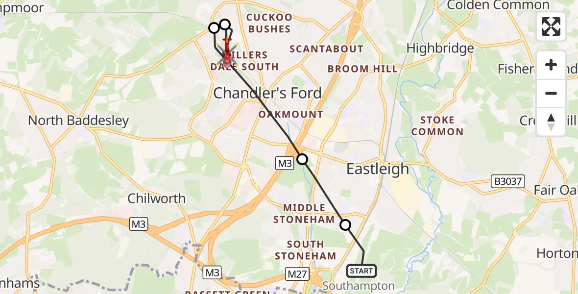Flight route Air Ambulance Helicopter Southampton Airport - Chandler's Ford, 18 October 2026, 16:59
