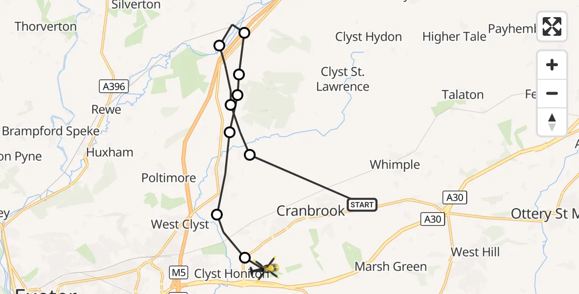 Flight route Police Helicopter Rockbeare - Exeter International Airport, 18 October 2026, 17:04