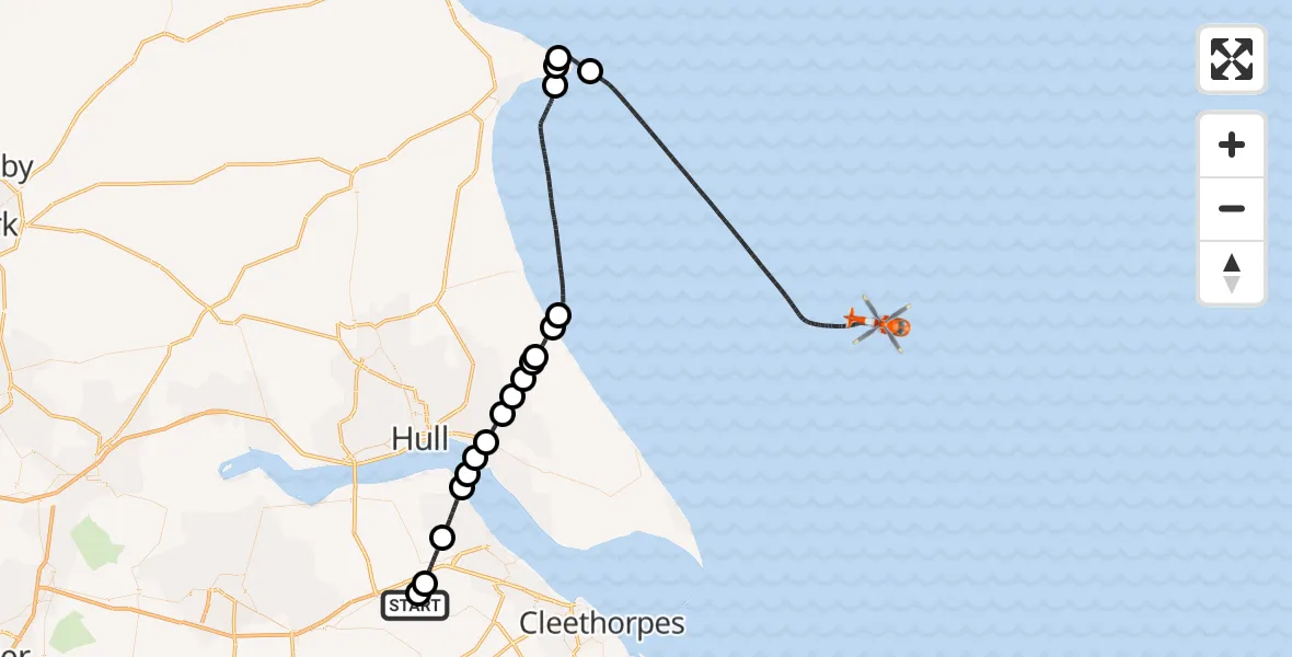 Flight route Coastguard Helicopter Humberside Airport - North Sea, 18 October 2026, 17:12