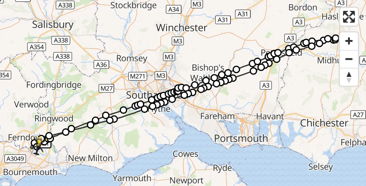 Flight route Police Helicopter Bournemouth Airport - Bournemouth Airport, 18 October 2026, 17:16