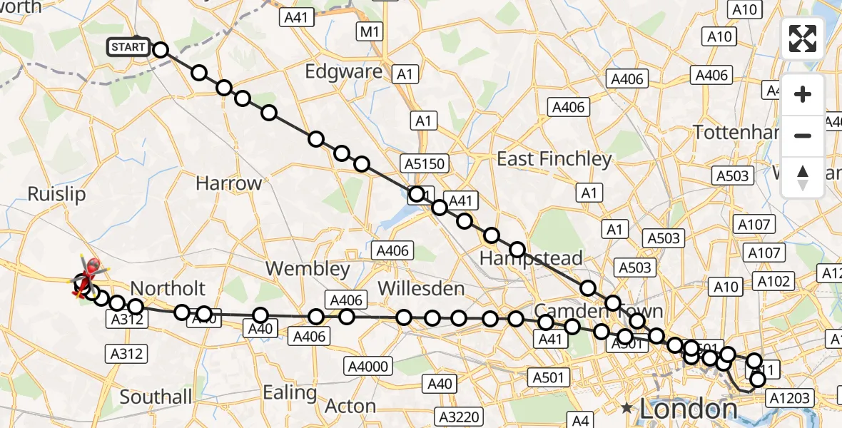 Flight route Air Ambulance Helicopter South Oxhey - RAF Northolt, 18 October 2026, 17:22