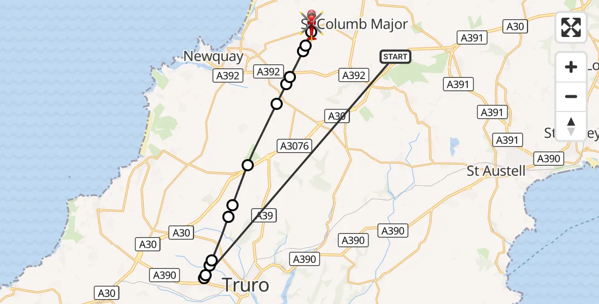 Flight route Air Ambulance Helicopter St. Columb Major - Cornwall Airport Newquay, 18 October 2026, 17:29